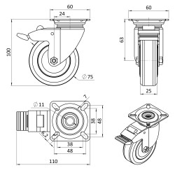 Koliesko s platňou, priemer 75mm s brzdou Koliesko s platňou, priemer 75mm s brzdou